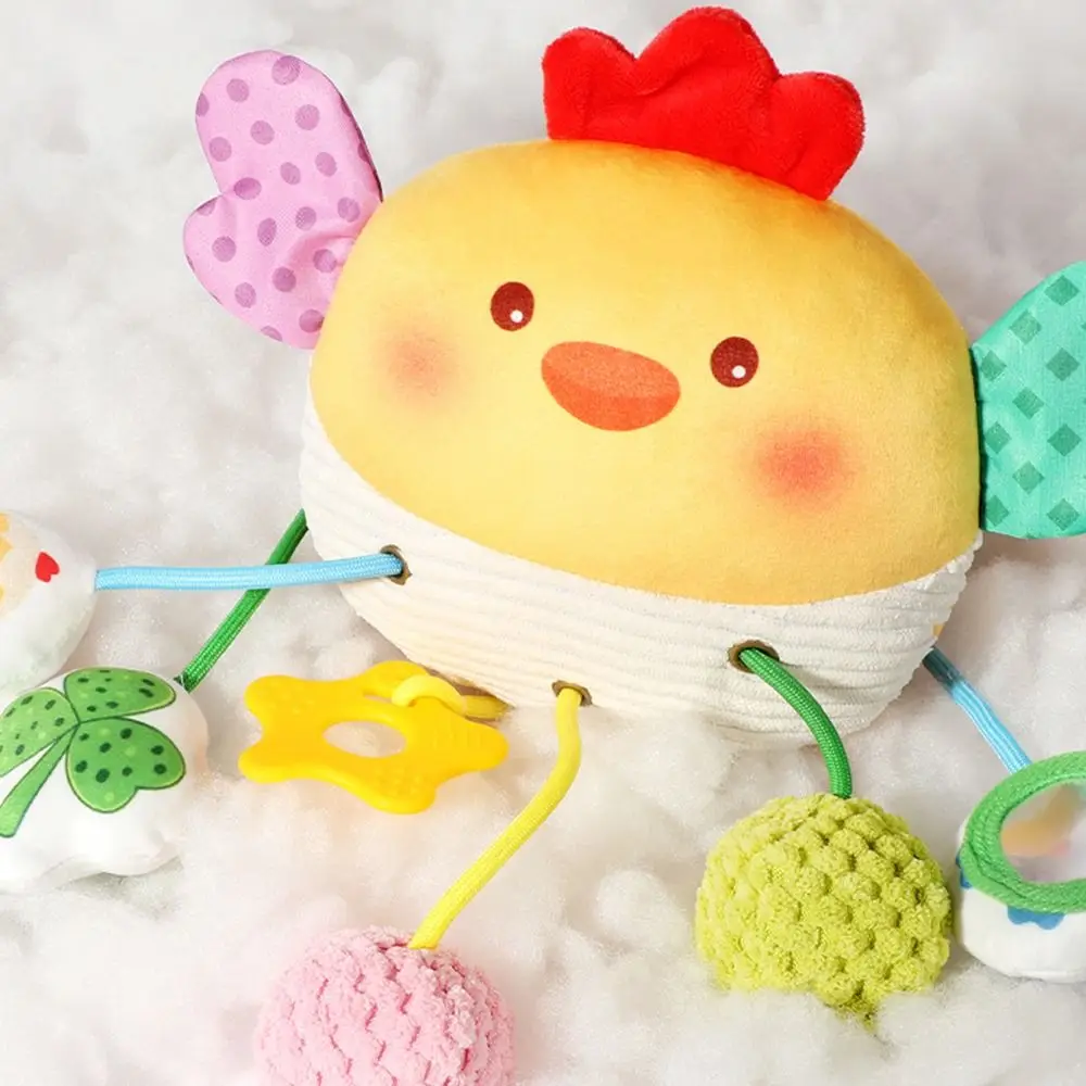 Krabbenförmiges Baby-Zugschnur-Spielzeug mit Klemme, verzerrender Spiegel, Plüsch, sensorisches Spielzeug, klingelnde Perlen, Beißring