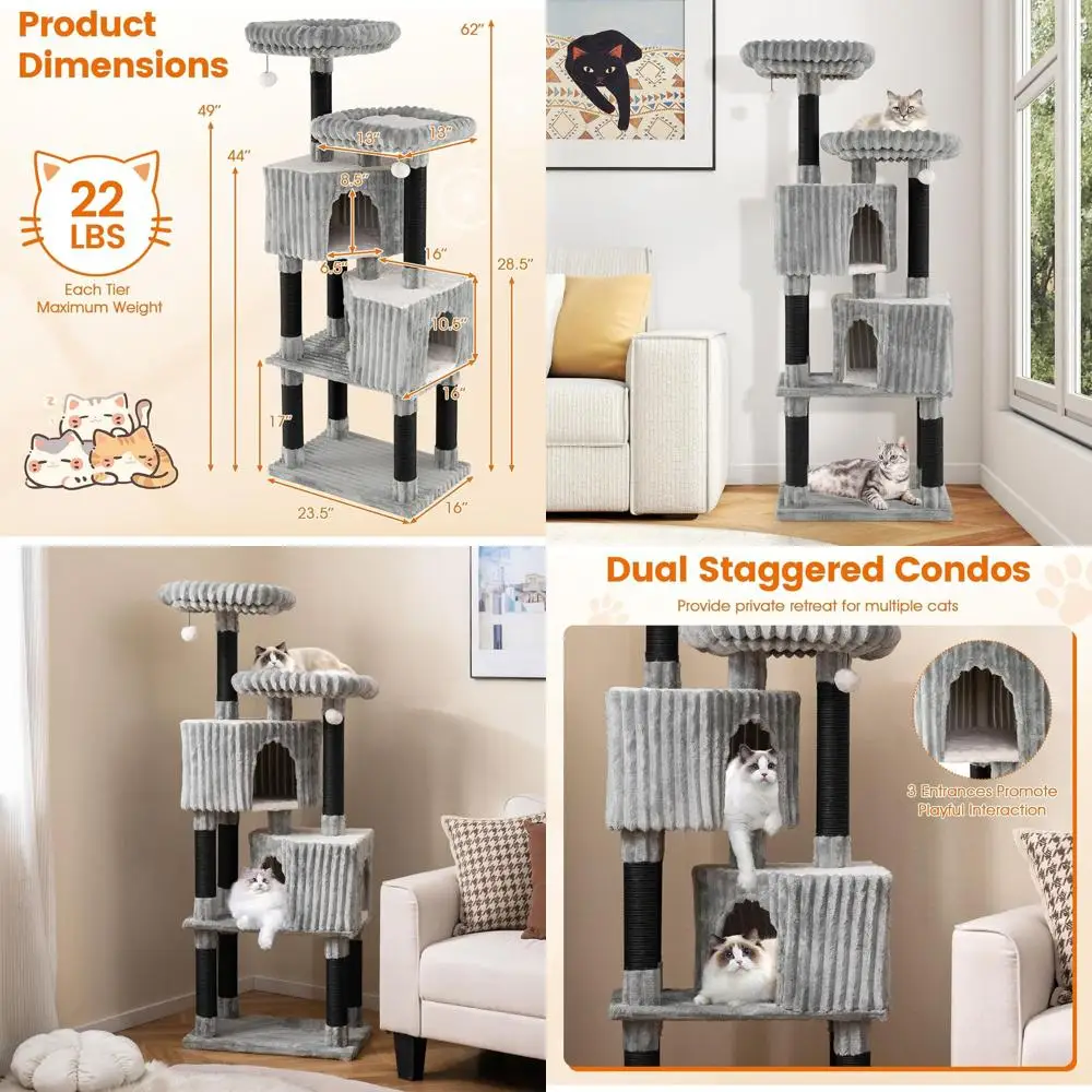 

Высокий кошачий домик-шармелех (62 дюйма) с лежанками, 2-мя спальнями, 2-мя площадками для отдыха, шуршащими шариками и фланелевым покрытием для домашних кошек