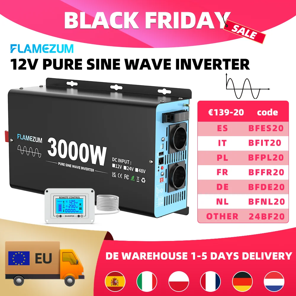 3000W Continuous Power Pure Sine Wave Inverter Peak Power 6000W DC 12V to AC 230V 50HZ EU Socket LCD Car Voltmeter Converter