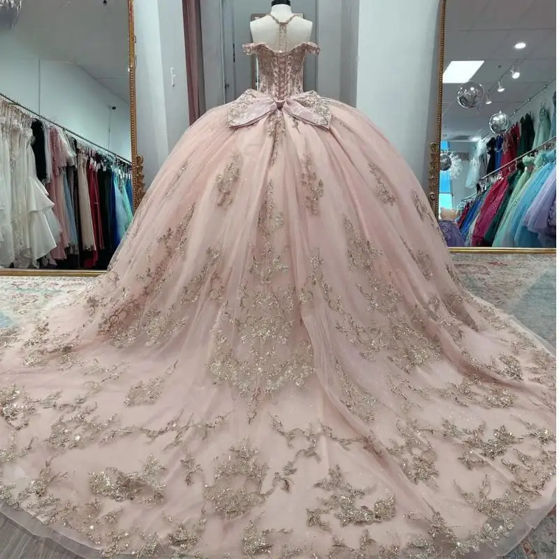 Vestido Quinceanera com Applique renda rosa, espartilho mexicano, vestido de baile 16 doce, 15 anos