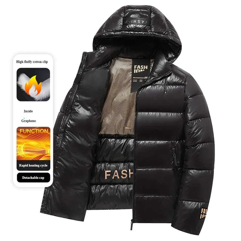 Heren winter glanzende gewatteerde jas Business Casual dikke warme katoenen gevoerde jas met afneembare capuchon winddichte parka jas heren