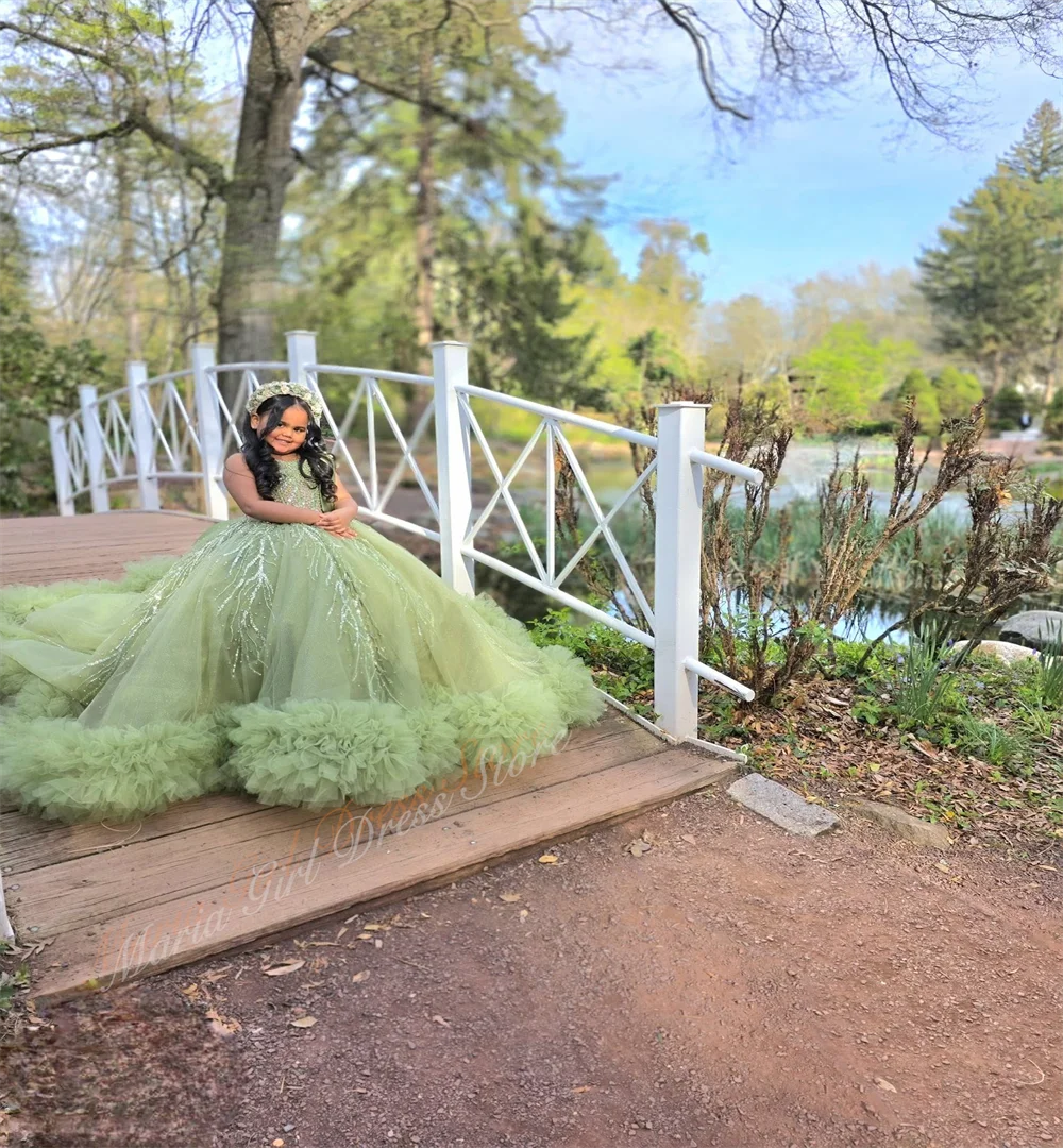 Light Green Multi-layer Tulle Poofy Girl Party Dress with A Big Bow Fluffy Ruffled Hem and Long Train Princess Style