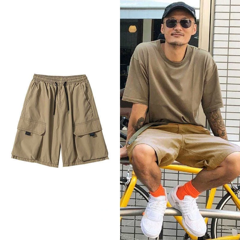2024 New Fashion Japanese Retro Khaki Cargo Shorts Men Loose Casual Elastic Waist Trendy Brand Ins Five-point Pants Men Shorts