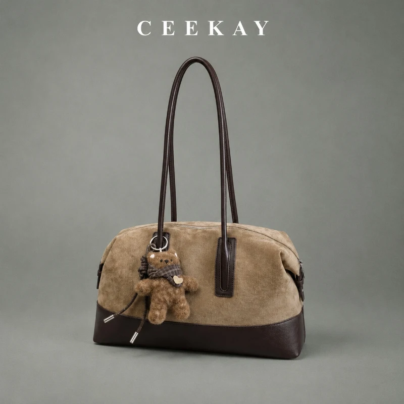 CEEKAY Two-Tone Suede Leather Satchel Bag Twin Strap Zip Top Teddy Charm Everyday Utility Roomy Elegant Classic Purse Women