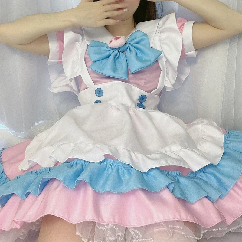 ผู้หญิงชุดแม่บ้านอะนิเมะคอสเพลย์ lolita เครื่องแต่งกาย kawaii โบว์โบว์สีชมพูแม่บ้านผ้ากันเปื้อนเครื่องแต่งกายแมวสาวปาร์ตี้ฮาโลวีนชุด