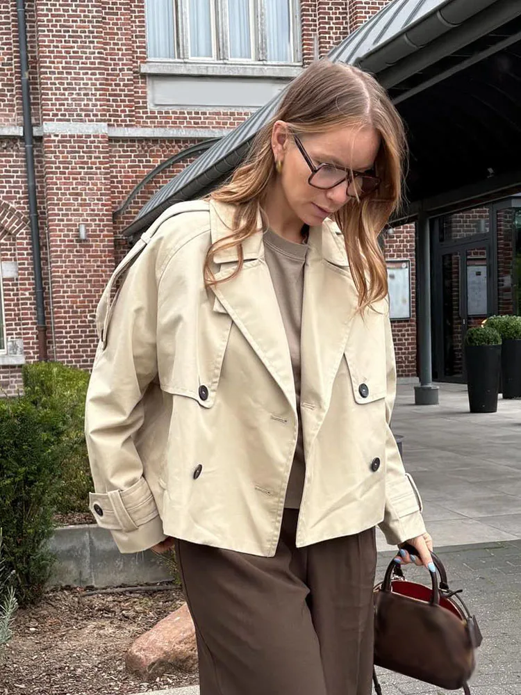 

HH женское осеннее модное пальто в уличном стиле с лацканами, двубортный дизайн с карманами, однотонная ветровка, женское шикарное повседневное свободное пальто