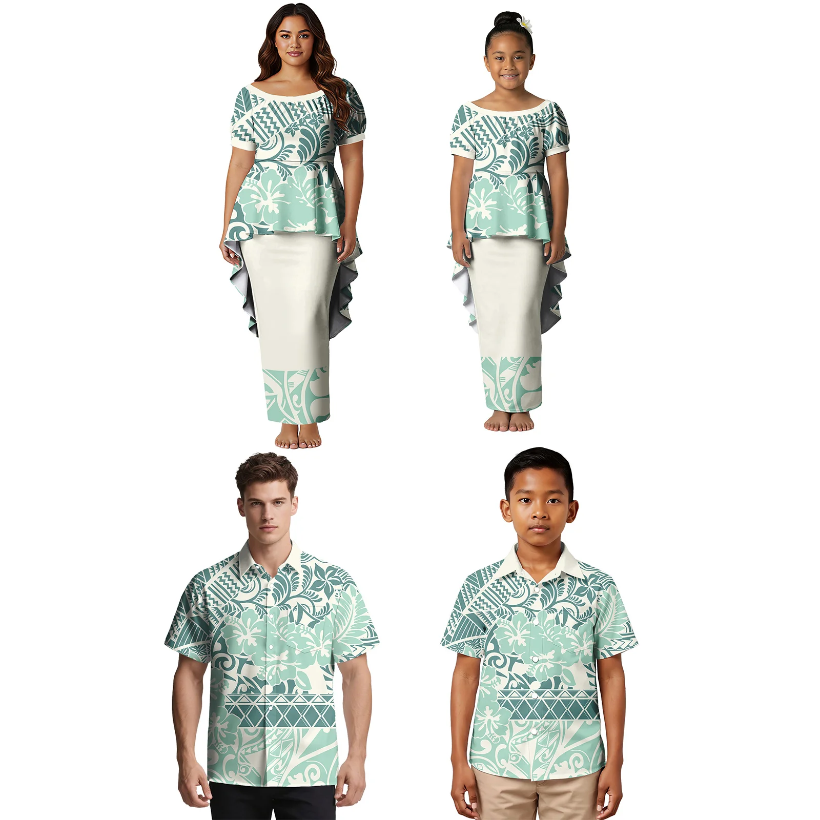 Clothing Custom Hawaiian Matching Family Outfits Samoan Swallow-tail Hem Puletasi Dress Polynesian Turn-down Collar Shirt Family