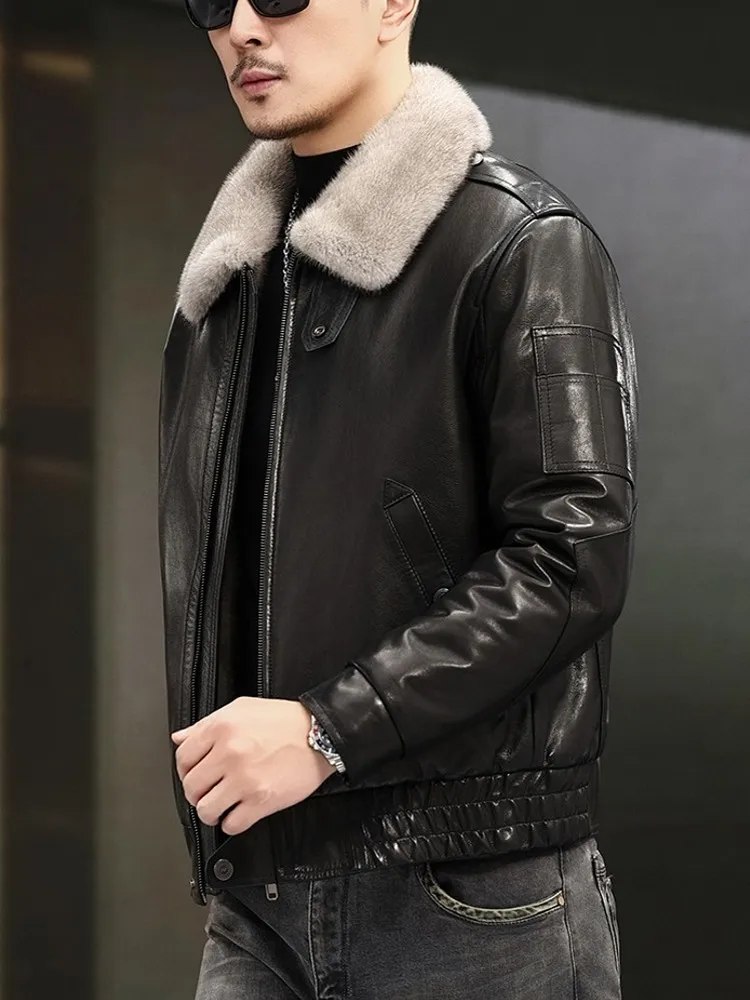 Winter Mens Fashion Overcoat Black Loose Warm Mink Fur Lining Turn Down Fur Collar Sheepskin Genuine Leather Jacket Outwear Coat - Image 4