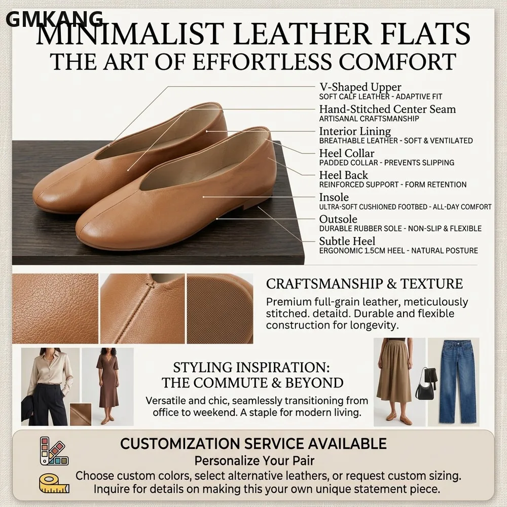 Women Genuine Leather Loafers Round Toe Slip-On Lightweight Comfort Casual Flat Shoes Daily Commute Walking Shoes GMKANG