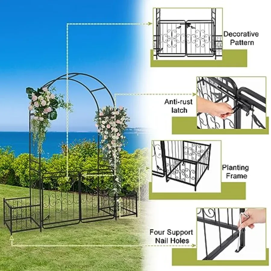 Outdoor wedding archway decor: 86 tall black wrought iron garden arch with gate, planter boxes, and 4 stabilizing poles for cli
