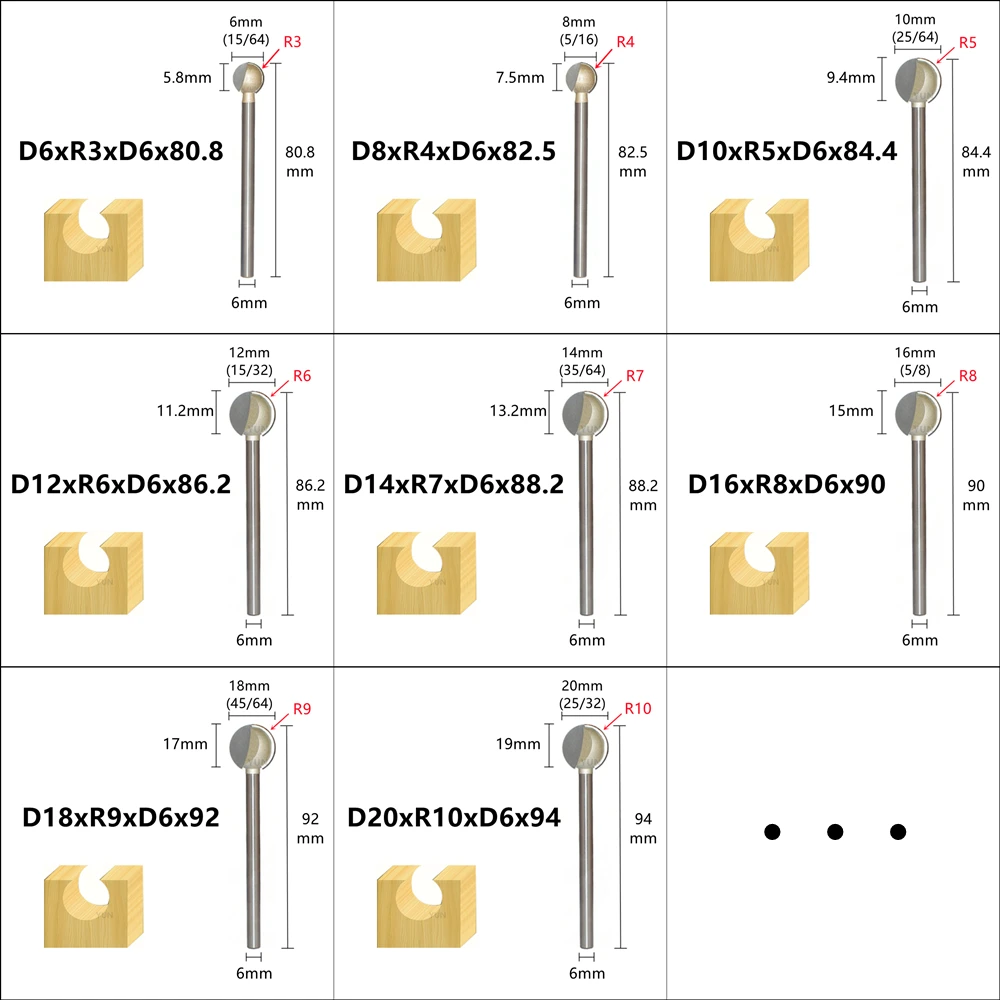 R2-R11 Ball Router Woodworking Milling Cutter Carving Cutter Round Fluted Bits 3mm/6mm Shank Woodworking Tools Lollipop Mill