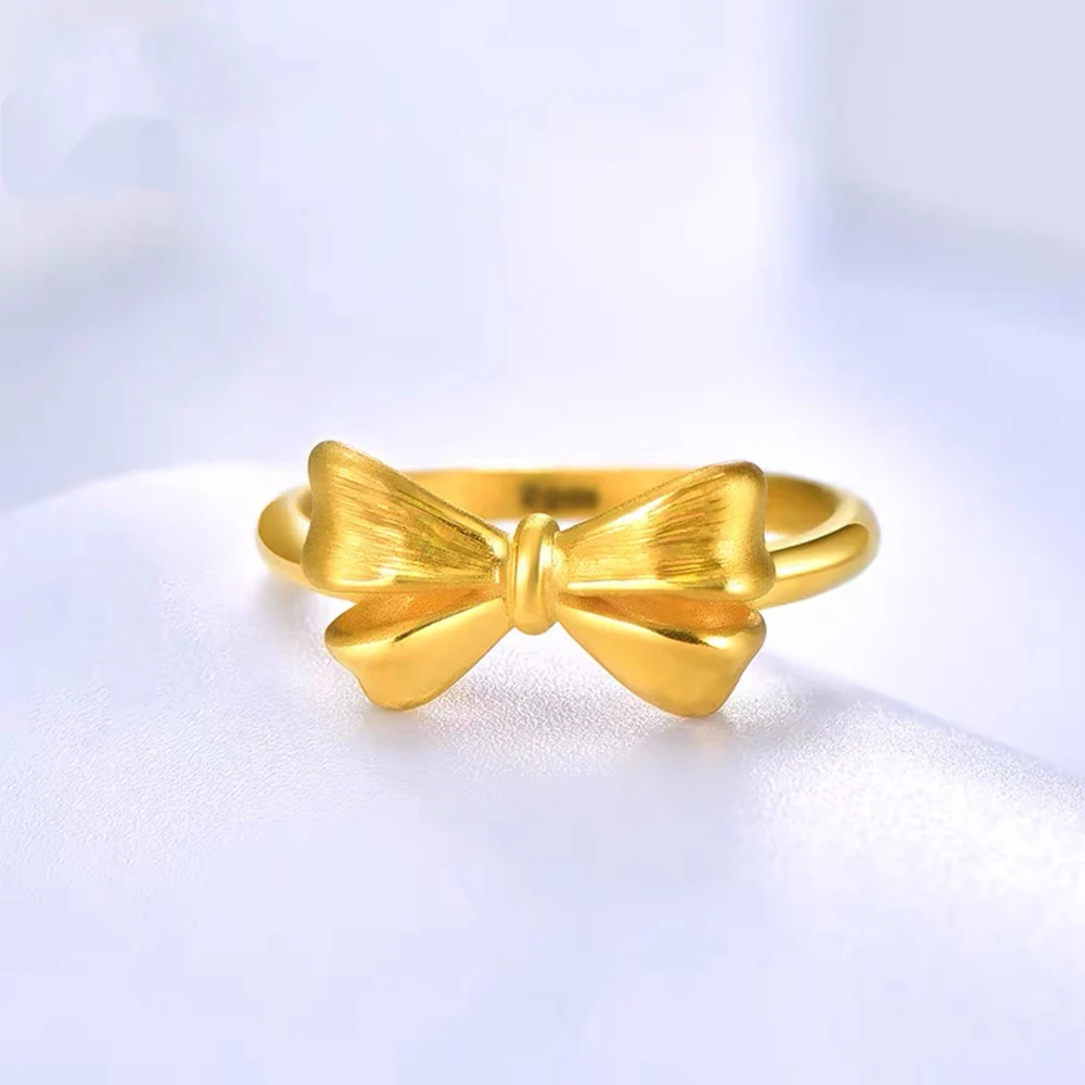 

Pure 999 24K Yellow Gold Ring For Women 5D Brushing Crafts Bow-knot Polish Band Ring US 5-9