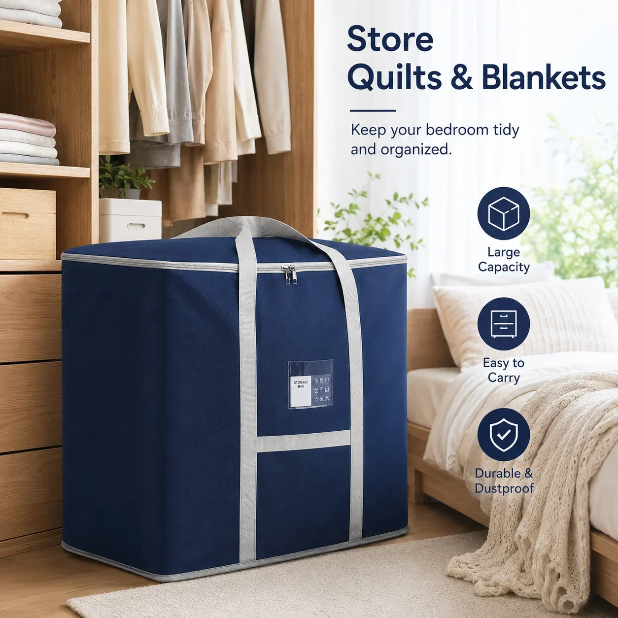 Heavy-Duty Oxford Moving Bag, Spacious Quilt and Clothes Storage with Zipper and Handles, Dust and Moisture Proof