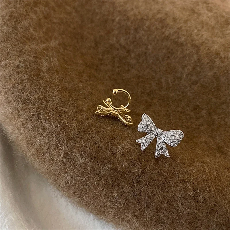 Trend Zircon Crystal Bow Ear Bone Clip Non-Pierced Earring Gold Silver Color Ear Cuff for Women Girls Aesthetic Jewelry