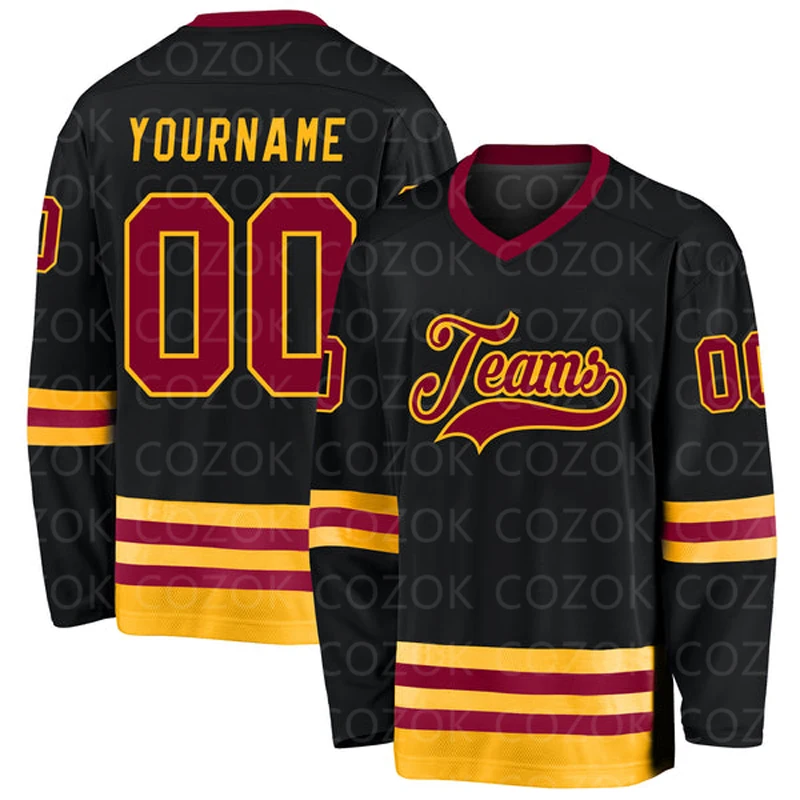 Custom Black Glod Hockey 3D Print You Name Number Men Women Ice Hockey Jersey Competition Training Jerseys