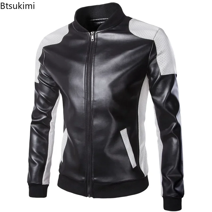 2025 Men's Leather Jacket Windproof Breath Colorblock PU Leather Coats Fashion Casual Sports Men Motorcycle Jacket Plus Size 5XL