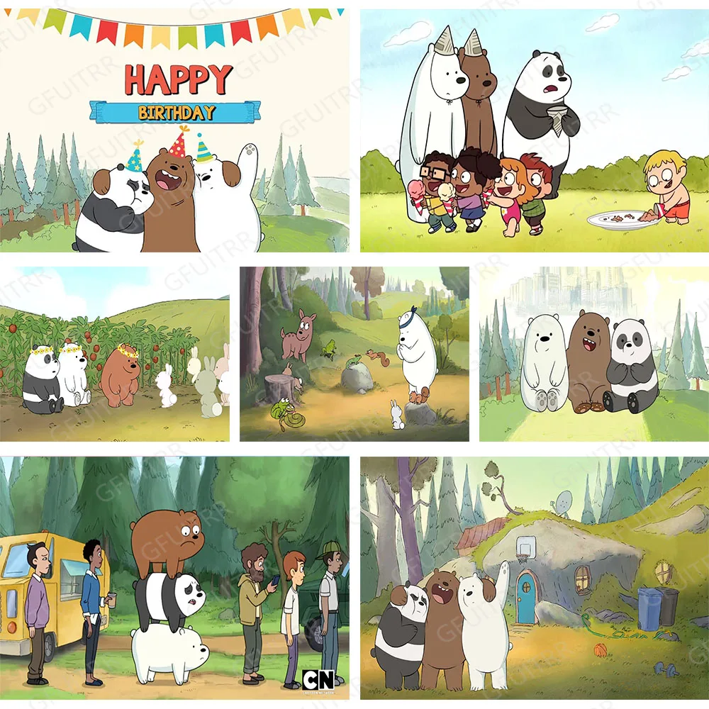 MINISO We Bare Bears Backdrop Kids Birthday Party Decoration Photography Background Baby Shower Studio Booth Prop Banner