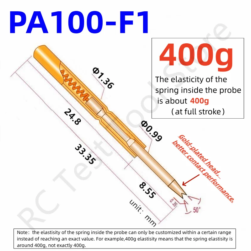 100PCS 400g PA100-F1 Spring Test Probe PA100-F Test Pin P100-F P100-F1 Test Tool 33.35mm 1.36mm Needle Gold Tip 0.99mm Pogo Pin