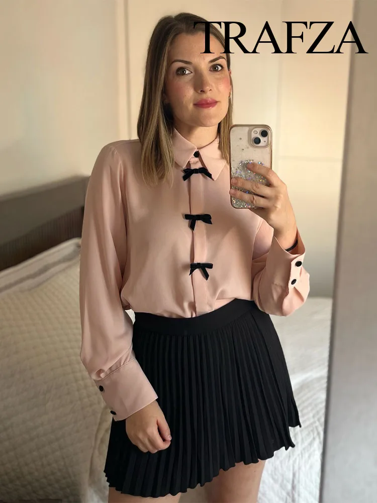 TRAFZA Female Autumn Casual Chic Shirts Pink Turn-Down Collar Long Sleeve Bow Decorate Single Breasted Women Fashion Blouses