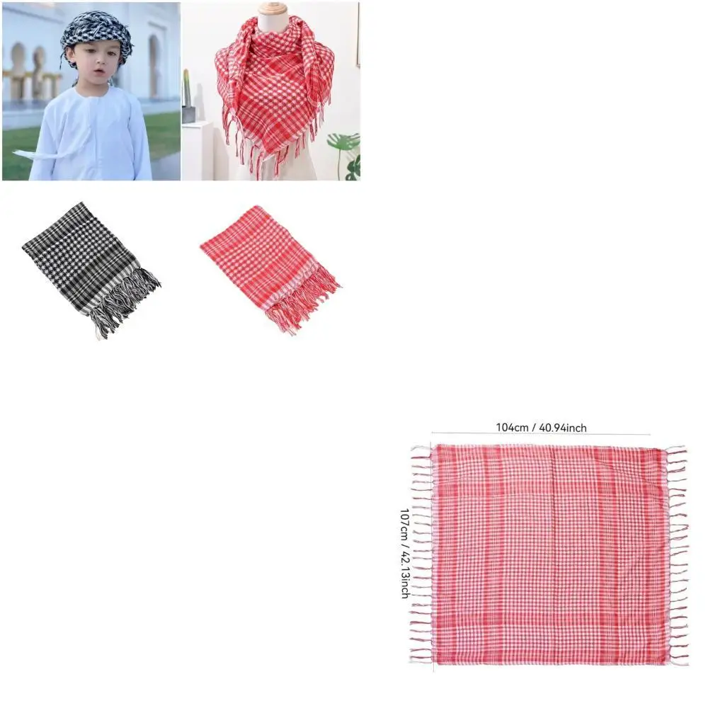 

652F Classical Plaids Shemagh Scarf With Decorative Tassels Arabic Children Accessory Desert Keffiyeh Scarf For Everyday Wear