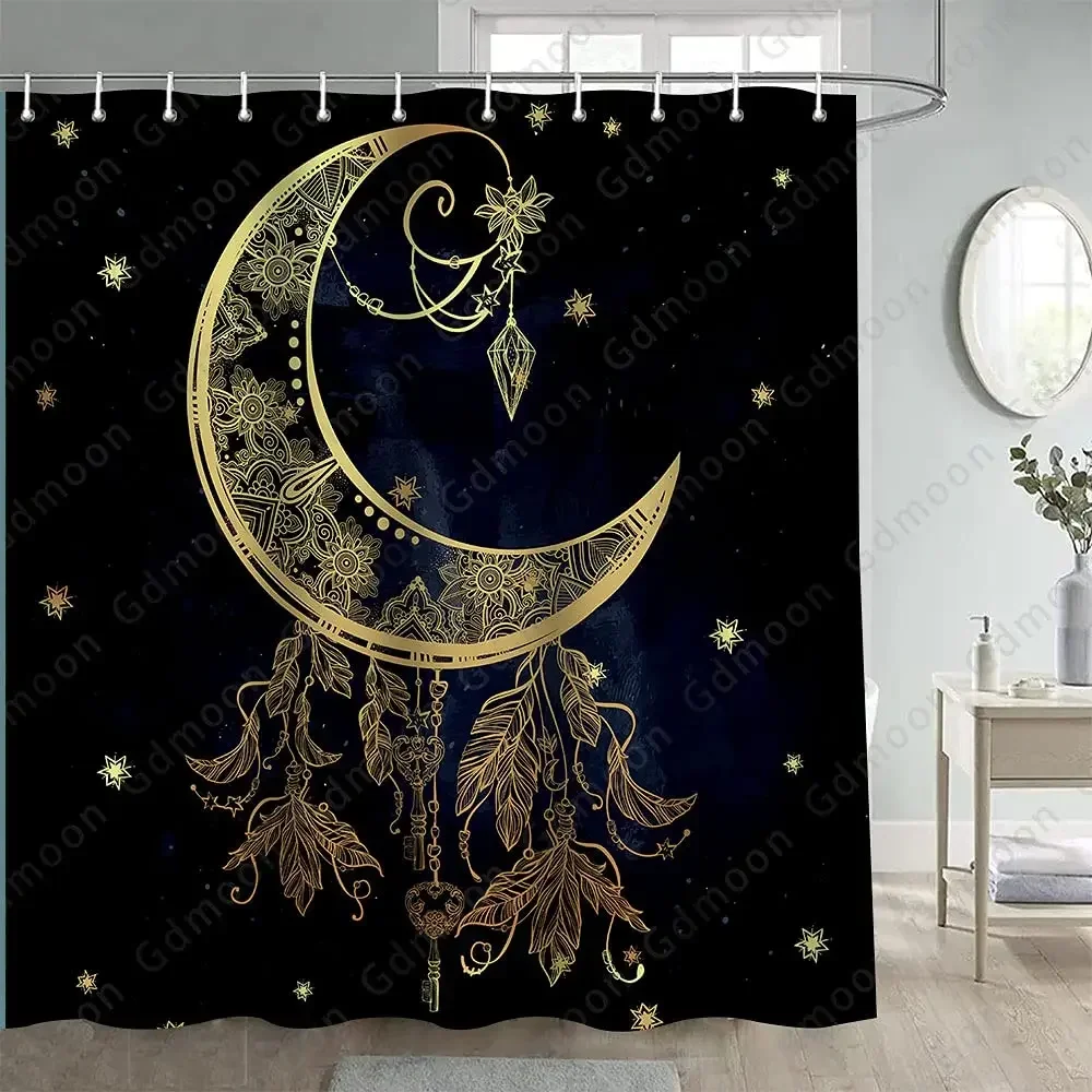 Mandala Celestial Shower Curtain Boho Moon Star Black and White Waterproof Polyester Fabric Bathroom Curtains Home Decor Hooks