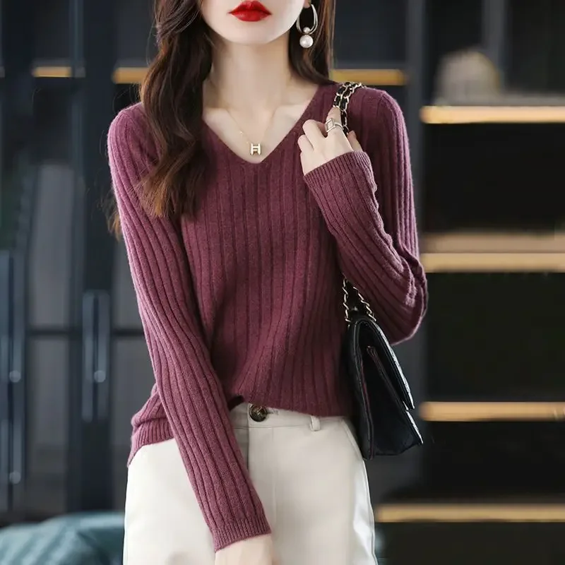 Women Sweater Long Sleeve Top Knitted Pullover V-Neck Fashion Sweater Woman Winter 2025 Basic Female Clothing Soild OL Sweaters