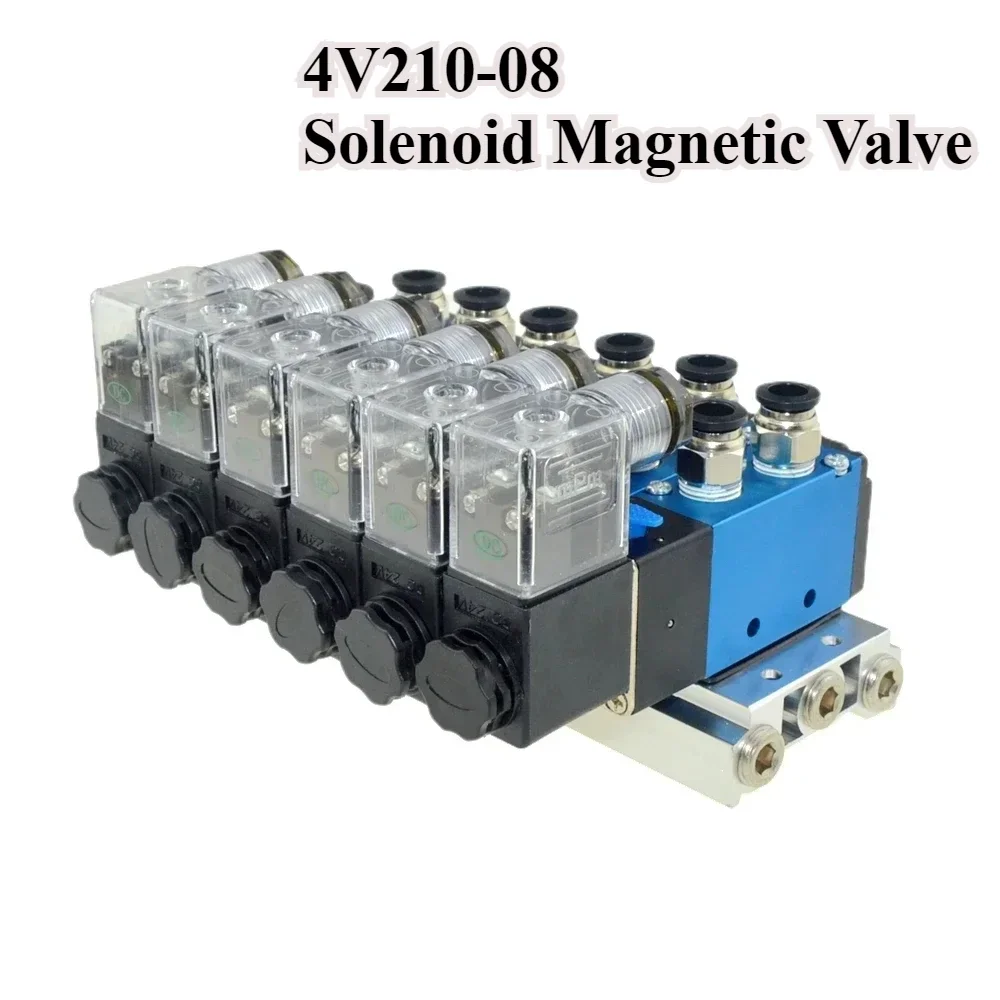 Pneumatic 4V210-08 Solenoid Magnetic Valve Block Muffler Fitting Base Multi Way Manifold Stations 12/24V 110/220V 6mm 8mm Hose