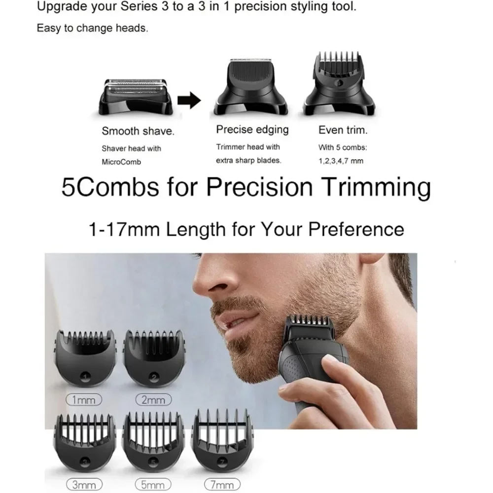 New Grooming Kit for Men Beard with 6 Attachments for Braun Series 3, Including 1 Electric Shaver Trimmer Head and 5 Guide Comb