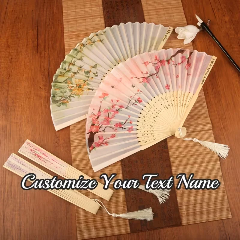 10Pcs Personalized Custom Text Floral Folding Hand Fans, Laser-Engraved with Names and Dates - Watercolor Peach Blossom and Osmanthus Prints, Natural Hollow Bamboo Frame with Tassels, Portable for Summer Cooling, Hanfu