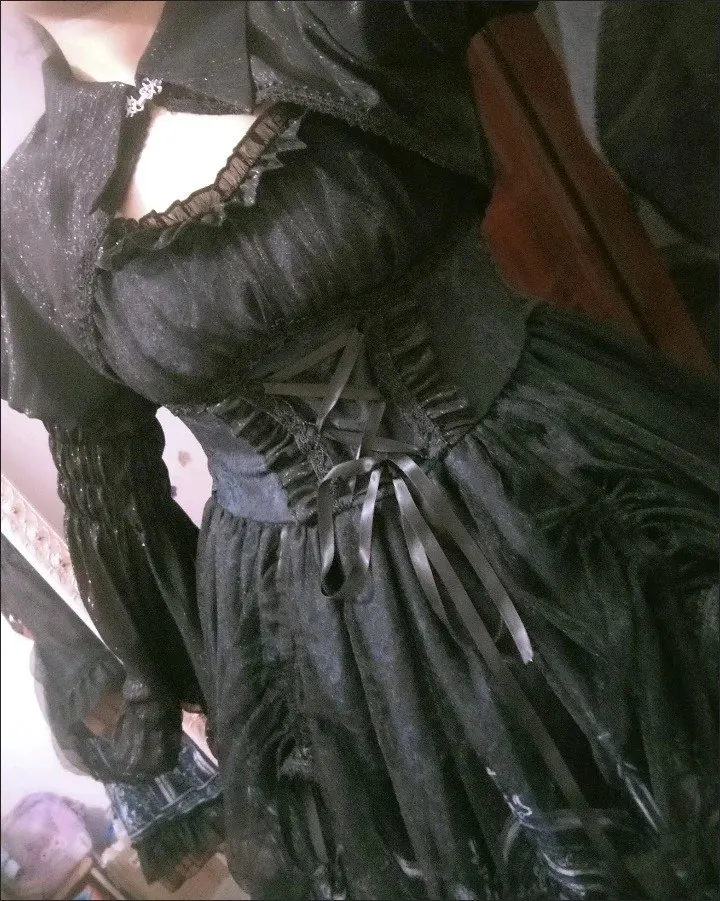 Japanese Harajuku Y2K Punk Tea Party Dress Gothic Dress Women Victorian Dark Pattern Long Sleeve Mesh Shawl Lolita Dress Girls