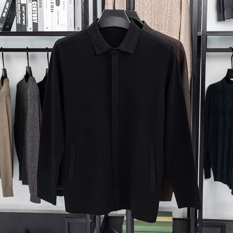 Men's Luxury Knitted Cardigan Long Sleeve Lapel Thickened Hidden Zipper Solid Color Autumn Winter Fashion Casual Business Men's