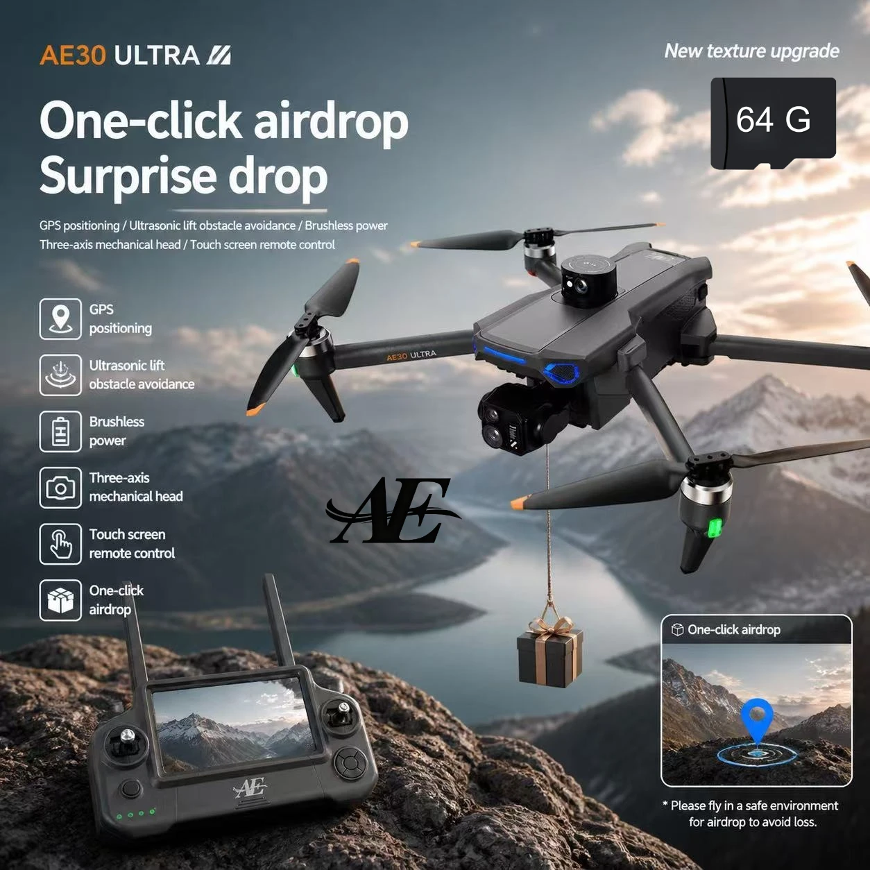 

AE LCd Screen Controlled Three-Axis Pan-Tilt Unmanned Aerial Vehicle Hd Aerial Photography Gps Intelligent Flight Camera Drone