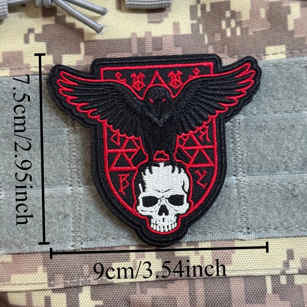 Viking Raven Badge Odin’s Messenger Skull Embroidery Morale Sticker Norse Runes Shield Shape Hook Fastener for Backpack Jacket