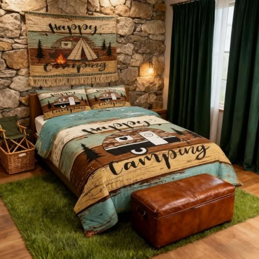 

Rustic Adventure Camper Comforter Set SizeHappy Camping Farmhouse Cabin Lake House Bedding Set Wooden Plank Pine Nature Quilt C