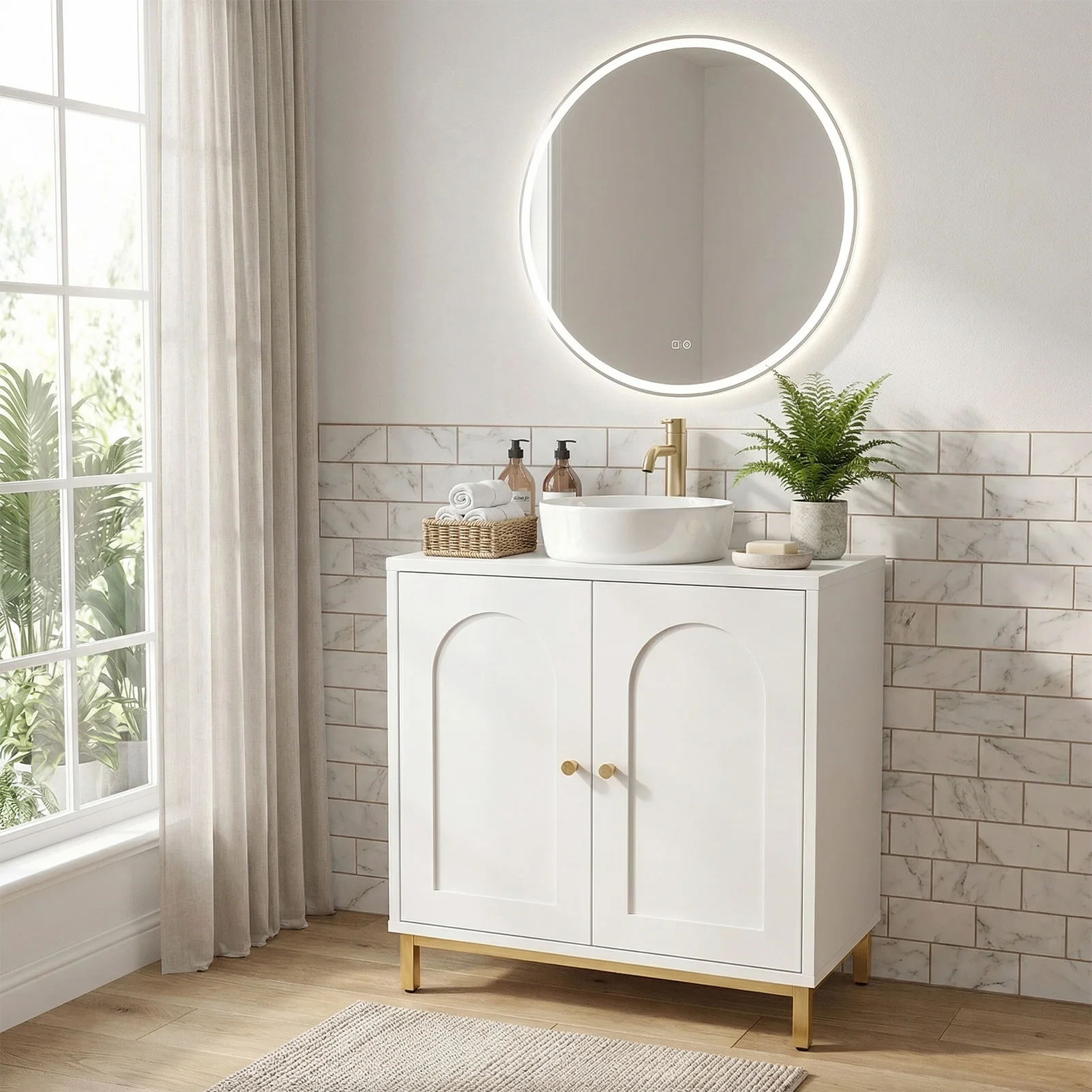 

Тумба-органайзер под раковину с 2 дверцами, U-образным вырезом, регулируемой полкой, для ванной комнаты, белая