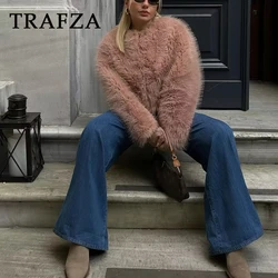 TRAFZA 2024 Winter Women Casual Faux Fur Jackets Solid Single Breasted Thick Coats Loose Fit Short Jacket Fashion Women Jacket