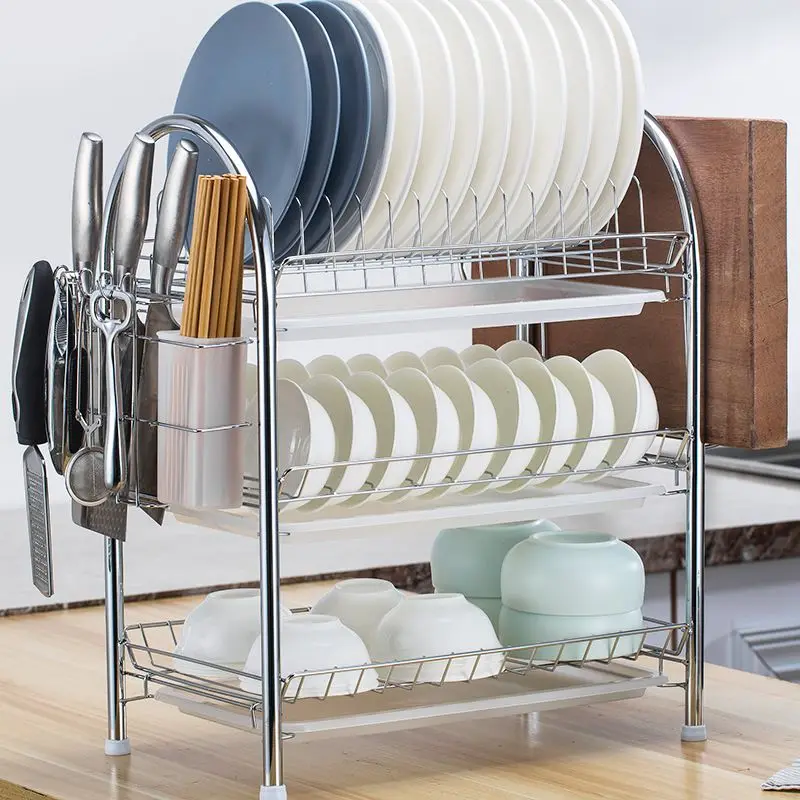 Dish Drying Rack Kitchen Adjustable Stainless Steel 2 Tier Plates Organizer Dish Bowl Drainer Storage Rack Kitchen Utensils