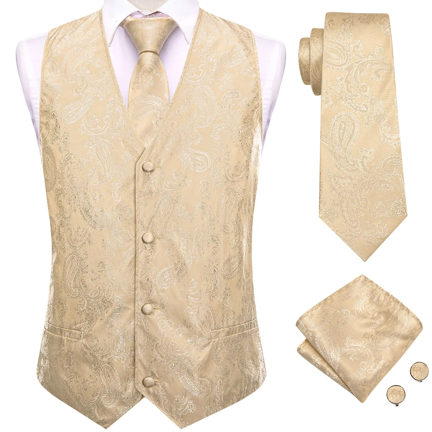 Hi-Tie 4PC Paisley Champagne Silk Mens Suit Vest Woven Waistcoat Tie Pocket Square Cufflink Business Wedding Dress Waist Jacket