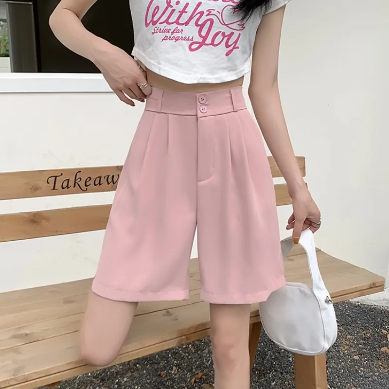 2024 New Elastic Waist Shorts Women Casual Solid Color Wide Leg Trousers Office Lady Fashion Versatile Shorts Female