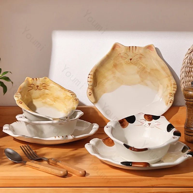 

Cute Cat Ceramic Plate Tableware Set Creative High End Afternoon Tea Cake Dessert Fruit Plates Exquisite Household Soup Bowls