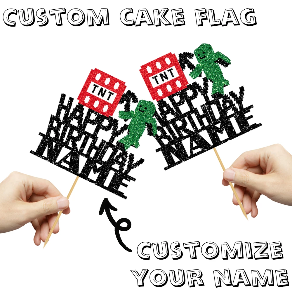 1/3/6 Pcs Of Glitter Minecraft Game Cake Decoration - Personalized Name Design - Suitable For Birthday Parties, Fan Gatherings view 6