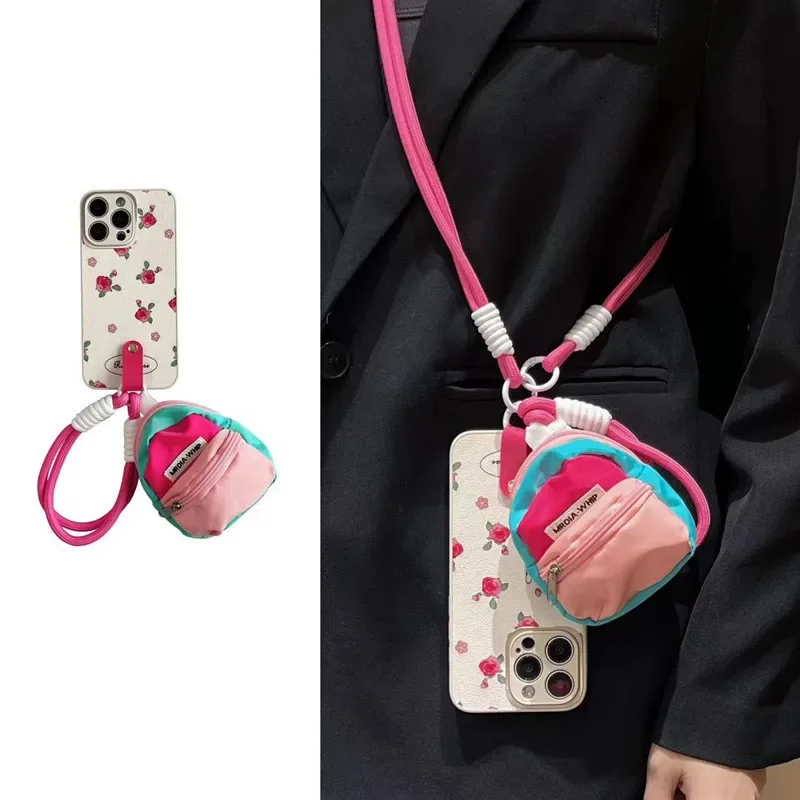 Fashion Silicone Phone Case for IPhone 15 14 13 12 11 Pro Max Plus 14Pro 15Pro IPones Rose Flower with Lanyard Neck Strap Cover