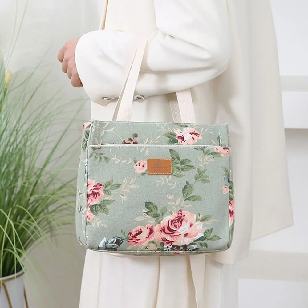 Portable Insulated Floral Print Lunch Bag Zippered Large Capacity Thermal Picnic Bag Japanese Style Foil Lining Tote Bag Worker