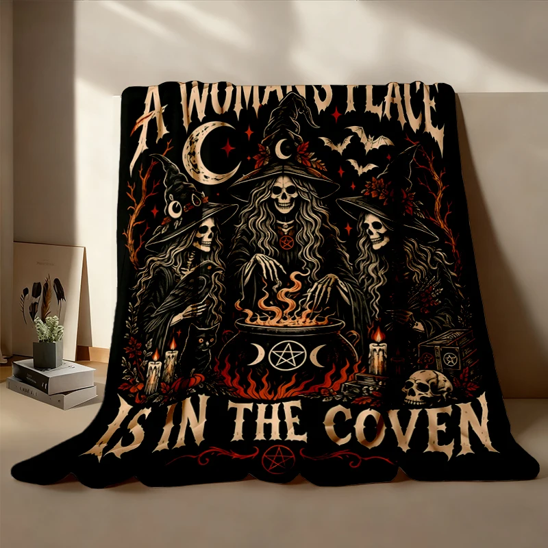 A 's Place Is in The Coven Flannel Blanket, Skeleton Sisters Matching Flannel Throw, Feminist Halloween Cozy Blanket