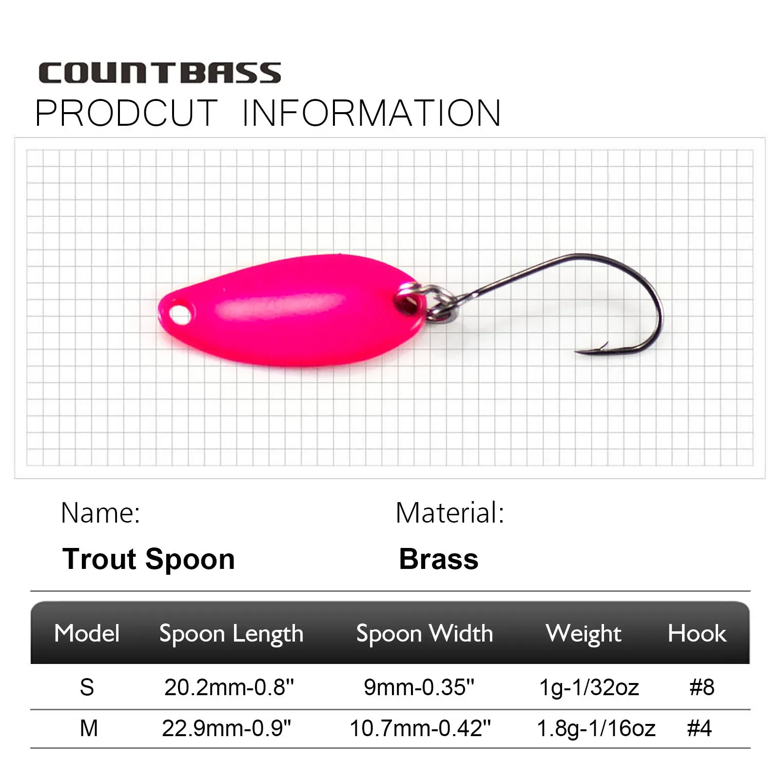 Countbass Trout Spoon With Korean Single Hook, Size 1/32oz 1/16oz Salmon Pike Bass Fishing Lures, Lake Metal Bait