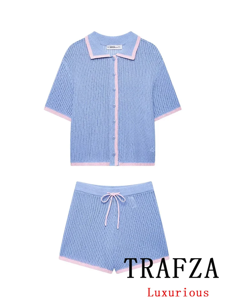 

TRAFZA Vintage Casual Women Knitted Suit Short Sleeve Single Breasted Top Drawstring Shorts New Fashion 2025 Spring Female Sets