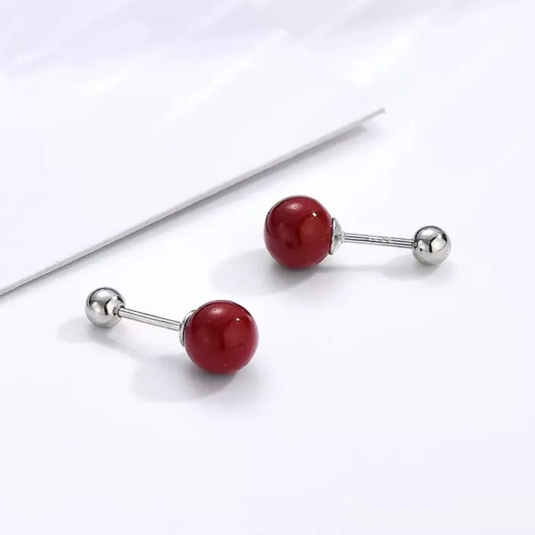 1Pair S925 Sterling Silver Cinnabar Ball Screw Back Stud Earrings for Women, Minimalist Red Round Bead Earring, Hypoallergenic F
