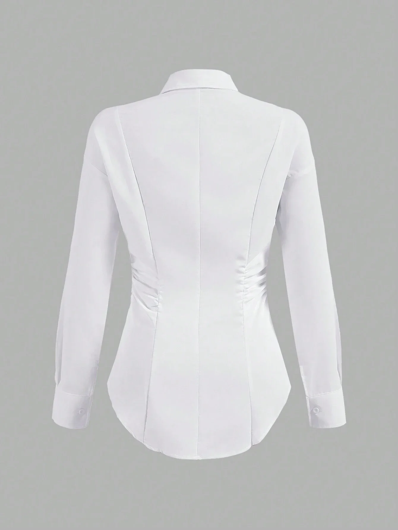 

Solid Color Ruched Waist Asymmetrical Hem Long Sleeve Shirt For Women