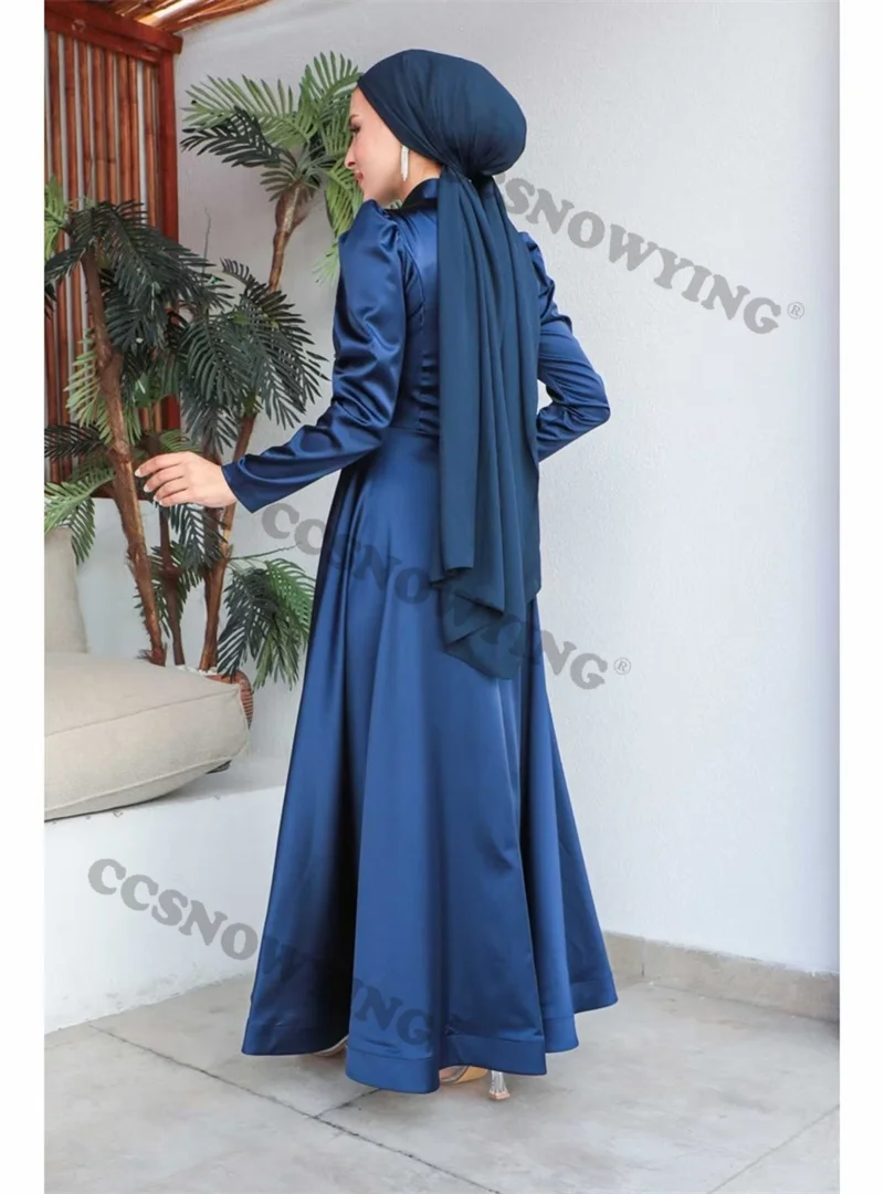 Vestido De noche musulmán De manga larga para mujer, Hijab, apliques De satén islámicos, vestido De fiesta Formal árabe De Dubái, azul marino