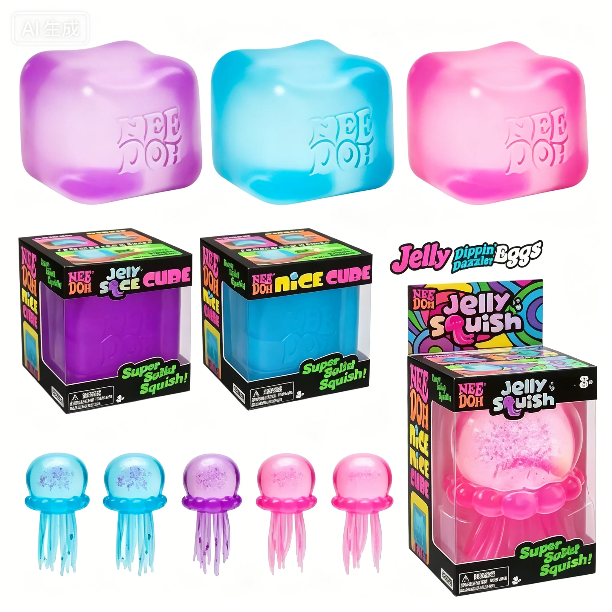 Trending Nee Doh Jellyfish & Cube Squish Toy, Soft Jelly Squeeze Stress Relief Fidget Toy, Sensory NeeDoh for Kids & Adults